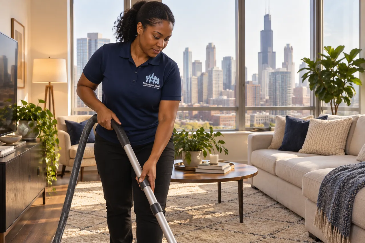 Cleaner vacuuming a bright condo living area