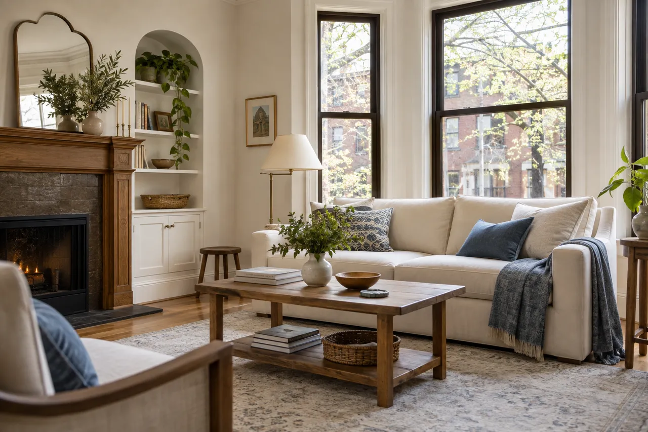 Warm, sunlit living room with a comfortable sofa, oak furnishings, and space to unwind