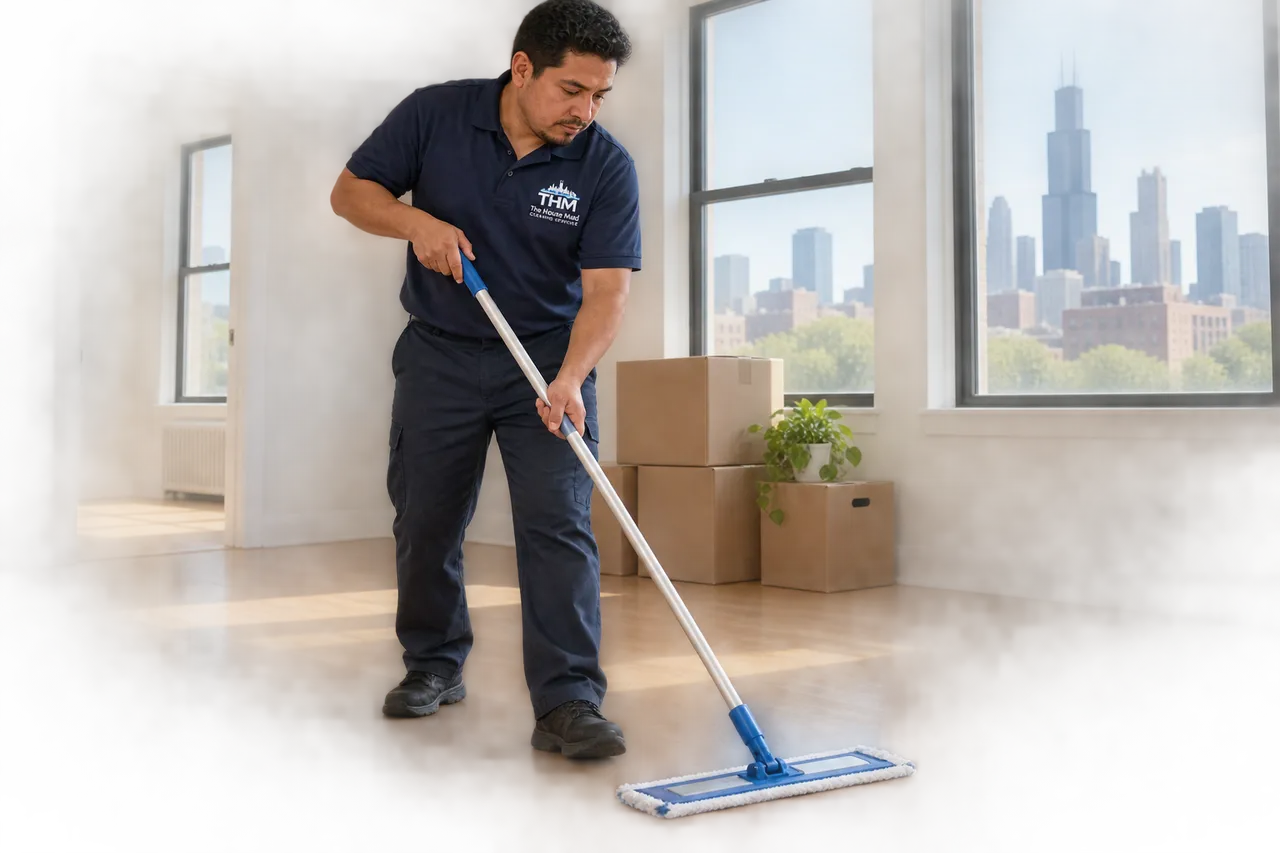 Cleaner mopping a nearly empty apartment during a move