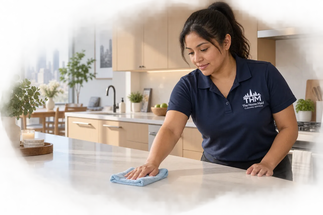 Professional cleaner wiping a kitchen island in a sunlit residential home